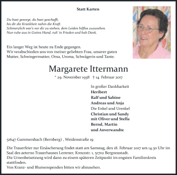 Anzeige von Margarte Ittermann von Kölner Stadt-Anzeiger / Kölnische Rundschau / Express