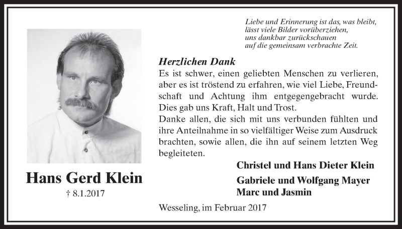  Traueranzeige für Hans Gerd Klein vom 08.02.2017 aus  Schlossbote/Werbekurier 