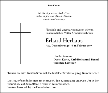 Anzeige von Erhard Herhaus von  Anzeigen Echo 