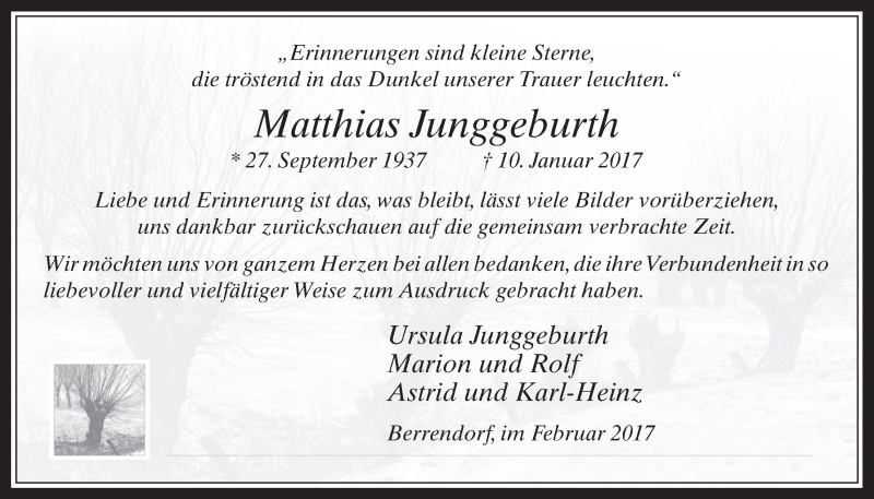  Traueranzeige für Matthias Junggeburth vom 08.02.2017 aus  Werbepost 