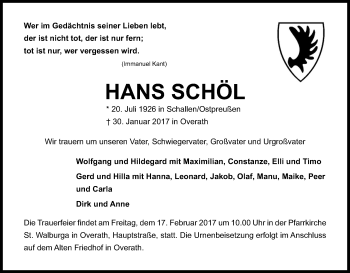 Anzeige von Hans Schöl von Kölner Stadt-Anzeiger / Kölnische Rundschau / Express