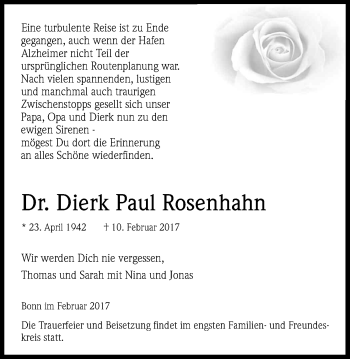 Anzeige von Dierk Paul Rosenhahn von Kölner Stadt-Anzeiger / Kölnische Rundschau / Express