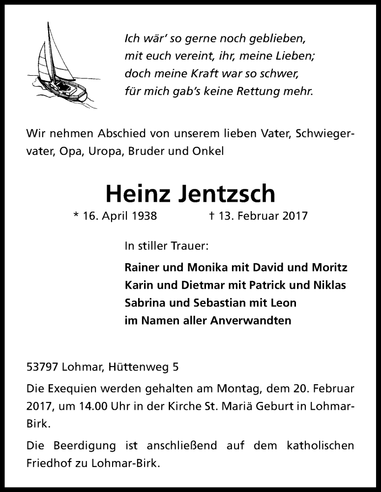  Traueranzeige für Heinz Jentzsch vom 15.02.2017 aus Kölner Stadt-Anzeiger / Kölnische Rundschau / Express