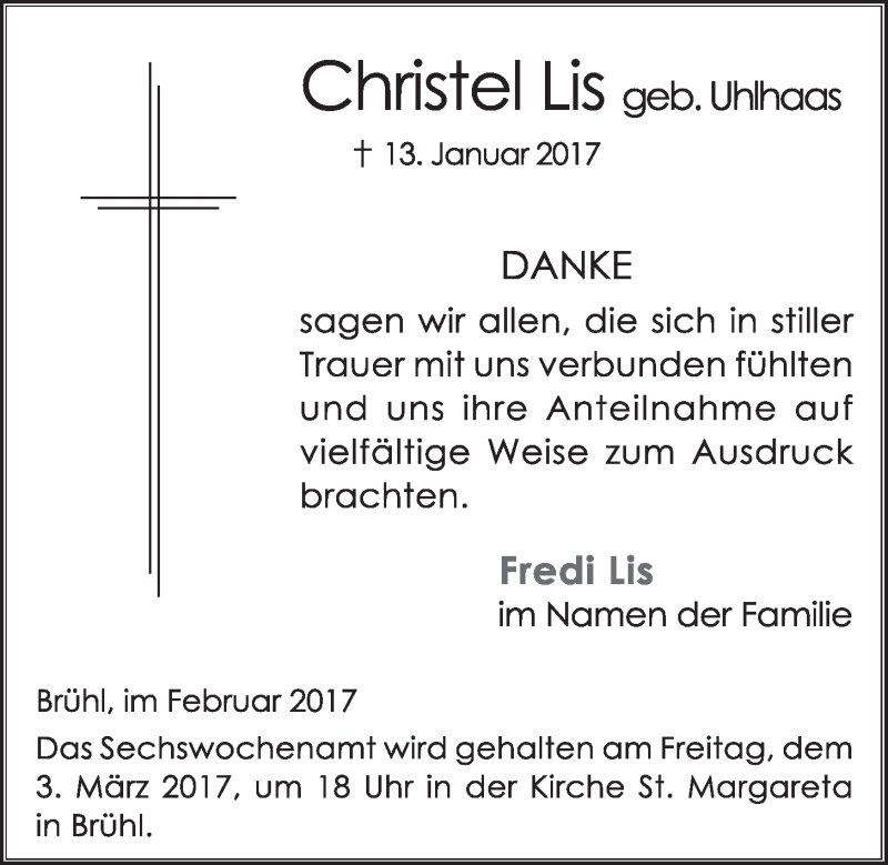  Traueranzeige für Christel Lis vom 22.02.2017 aus  Schlossbote/Werbekurier 