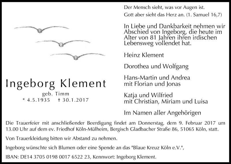  Traueranzeige für Ingeborg Klement vom 03.02.2017 aus Kölner Stadt-Anzeiger / Kölnische Rundschau / Express