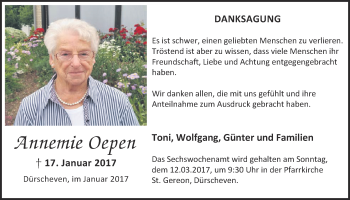 Anzeige von Annemie Oepen von  Blickpunkt Euskirchen 