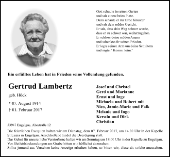 Anzeige von Gertrud Lambertz von  Blickpunkt Euskirchen 