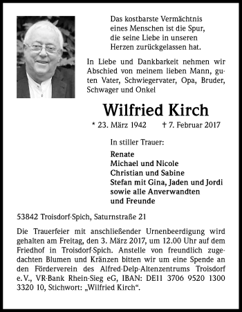 Anzeige von Wilfried Kirch von Kölner Stadt-Anzeiger / Kölnische Rundschau / Express