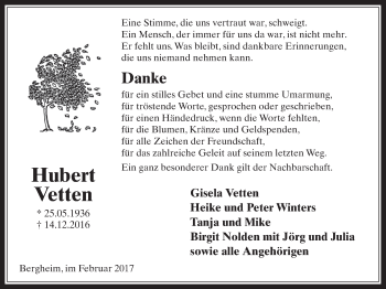 Anzeige von Hubert Vetten von  Werbepost 