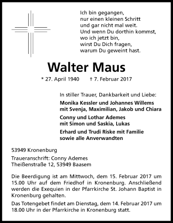 Anzeige von Walter Maus von Kölner Stadt-Anzeiger / Kölnische Rundschau / Express