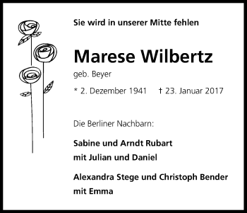 Anzeige von Marese Wilbertz von Kölner Stadt-Anzeiger / Kölnische Rundschau / Express