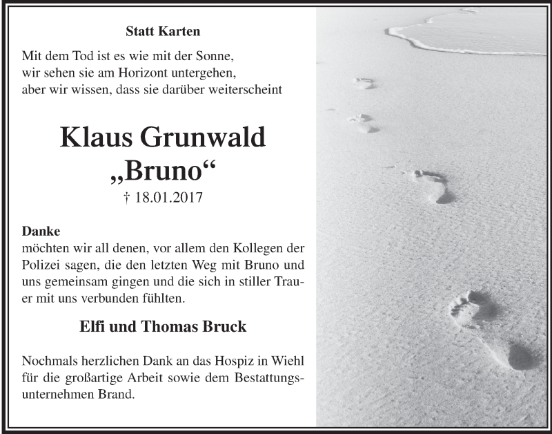  Traueranzeige für Klaus Grunwald vom 22.02.2017 aus  Anzeigen Echo 