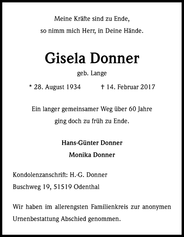  Traueranzeige für Gisela Donner vom 18.02.2017 aus Kölner Stadt-Anzeiger / Kölnische Rundschau / Express