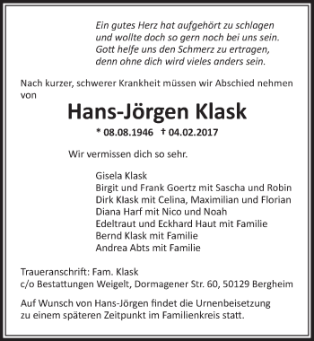 Anzeige von Hans-Jörgen Klask von  Sonntags-Post 