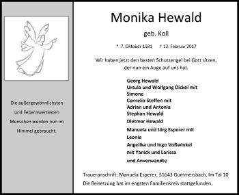 Anzeige von Monika Hewald von Kölner Stadt-Anzeiger / Kölnische Rundschau / Express