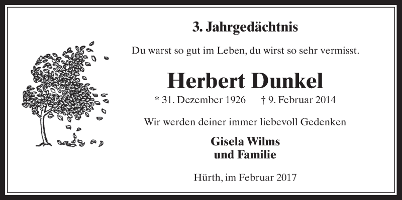  Traueranzeige für Herbert Dunkel vom 08.02.2017 aus  Wochenende 