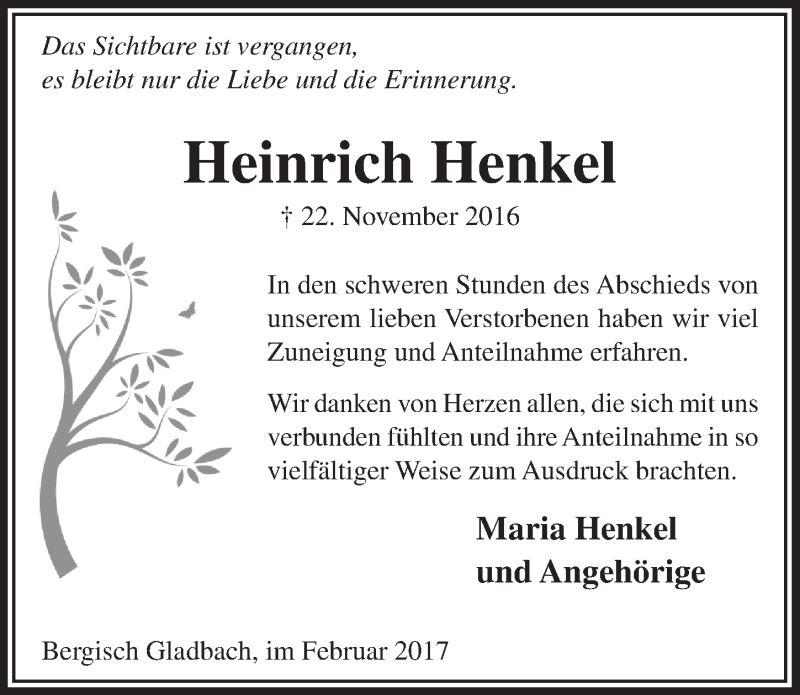  Traueranzeige für Heinrich Henkel vom 08.02.2017 aus  Bergisches Handelsblatt 