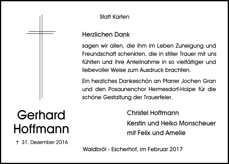  Traueranzeige für Gerhard Hoffmann vom 15.02.2017 aus  Lokalanzeiger 