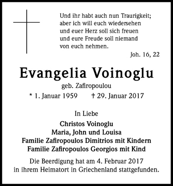 Anzeige von Evangelia Voinoglu von Kölner Stadt-Anzeiger / Kölnische Rundschau / Express
