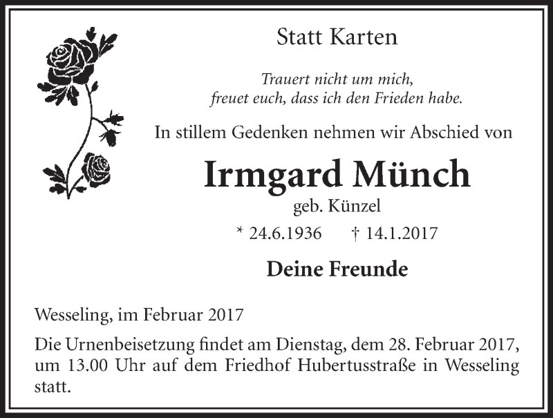  Traueranzeige für Irmgard Münch vom 22.02.2017 aus  Schlossbote/Werbekurier 