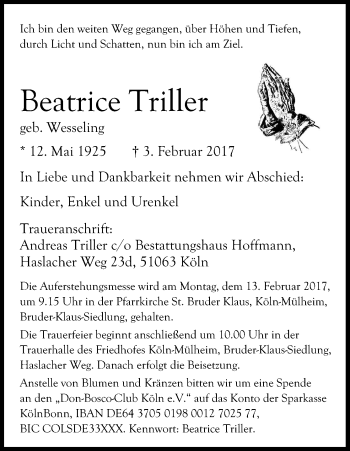 Anzeige von Beatrice Triller von Kölner Stadt-Anzeiger / Kölnische Rundschau / Express