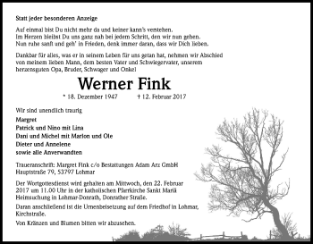 Anzeige von Werner Fink von Kölner Stadt-Anzeiger / Kölnische Rundschau / Express