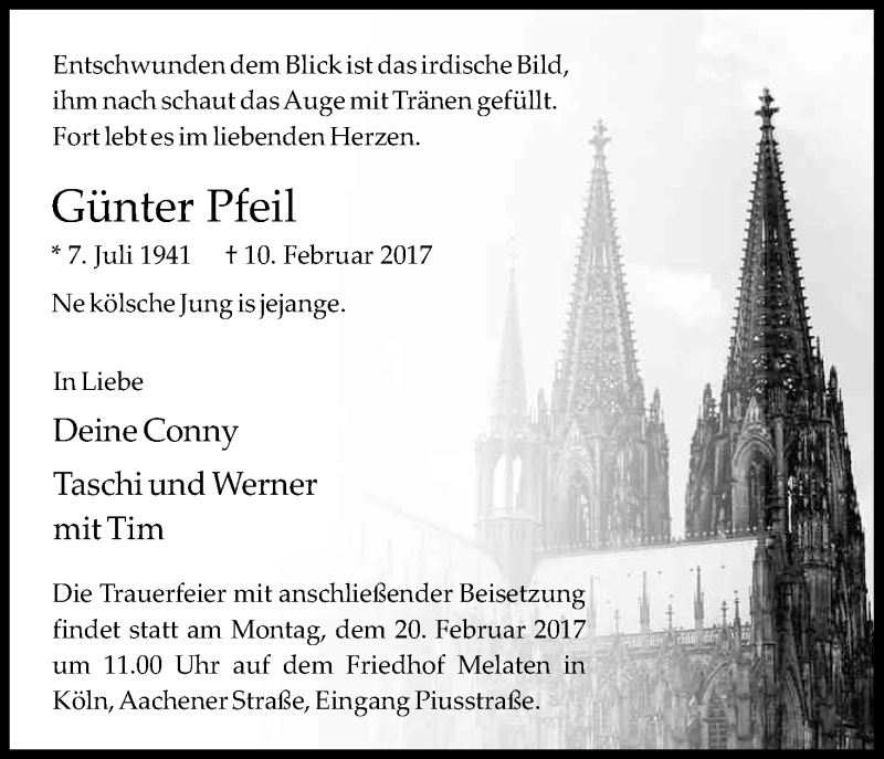  Traueranzeige für Günter Pfeil vom 18.02.2017 aus Kölner Stadt-Anzeiger / Kölnische Rundschau / Express