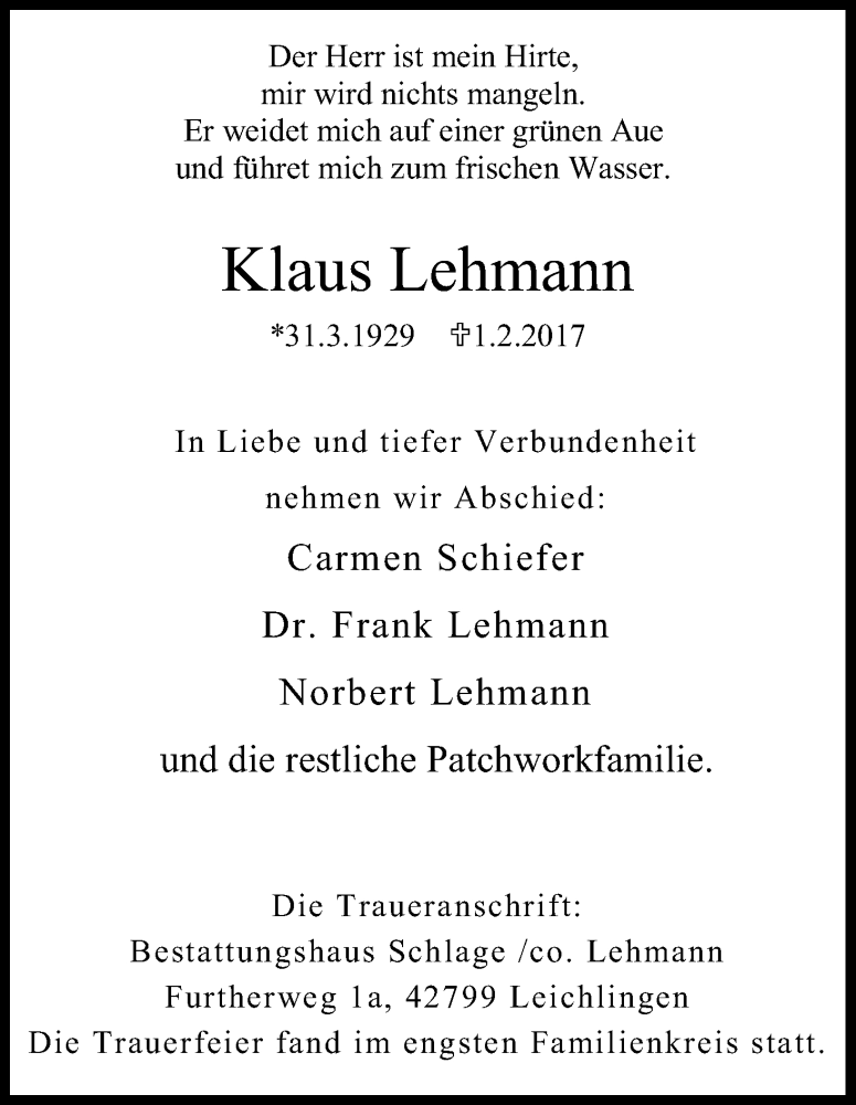  Traueranzeige für Klaus Lehmann vom 11.02.2017 aus Kölner Stadt-Anzeiger / Kölnische Rundschau / Express