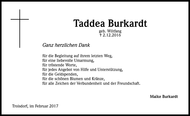  Traueranzeige für Taddea Burkardt vom 18.02.2017 aus Kölner Stadt-Anzeiger / Kölnische Rundschau / Express