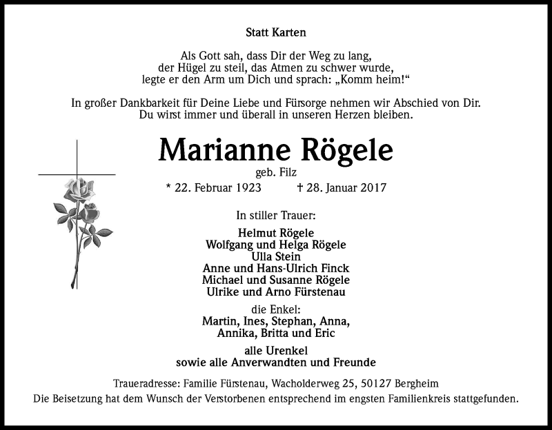  Traueranzeige für Marianne Rögele vom 11.02.2017 aus Kölner Stadt-Anzeiger / Kölnische Rundschau / Express