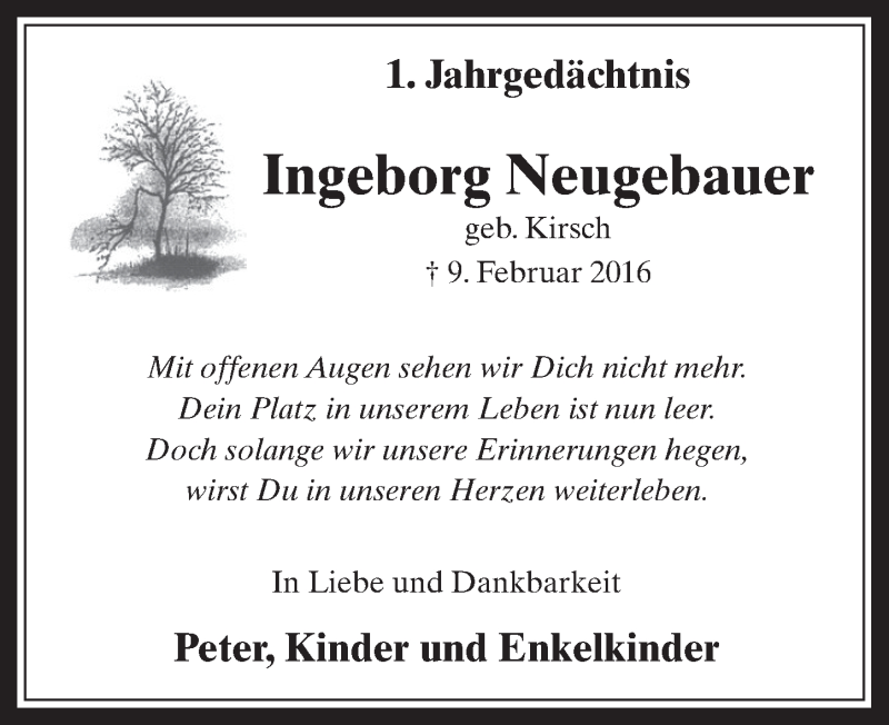  Traueranzeige für Ingeborg Neugebauer vom 08.02.2017 aus  Werbepost 