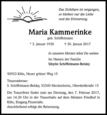 Anzeige von Maria Kammerinke von Kölner Stadt-Anzeiger / Kölnische Rundschau / Express