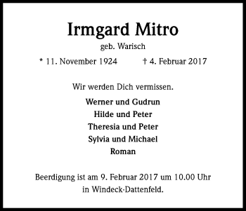 Anzeige von Irmgard Mitro von Kölner Stadt-Anzeiger / Kölnische Rundschau / Express
