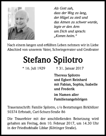Anzeige von Stefano Spilotro von Kölner Stadt-Anzeiger / Kölnische Rundschau / Express