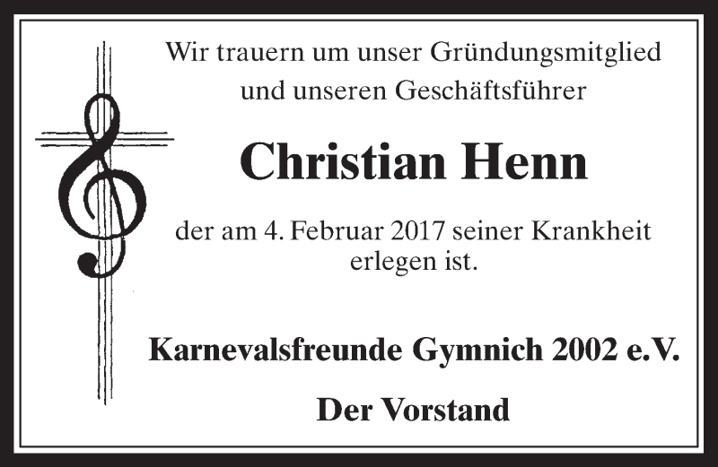  Traueranzeige für Christian Henn vom 08.02.2017 aus  Werbepost 