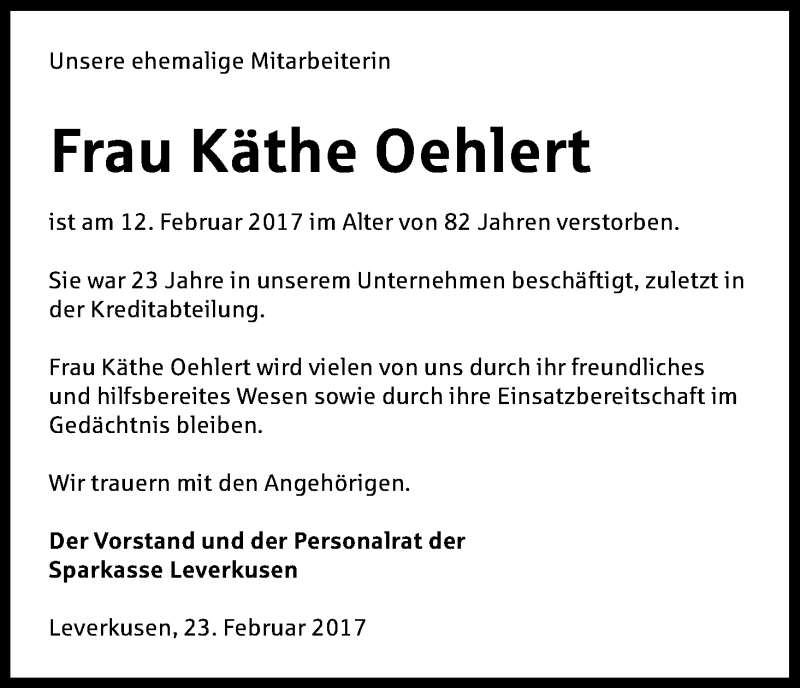  Traueranzeige für Käthe Oehlert vom 23.02.2017 aus Kölner Stadt-Anzeiger / Kölnische Rundschau / Express