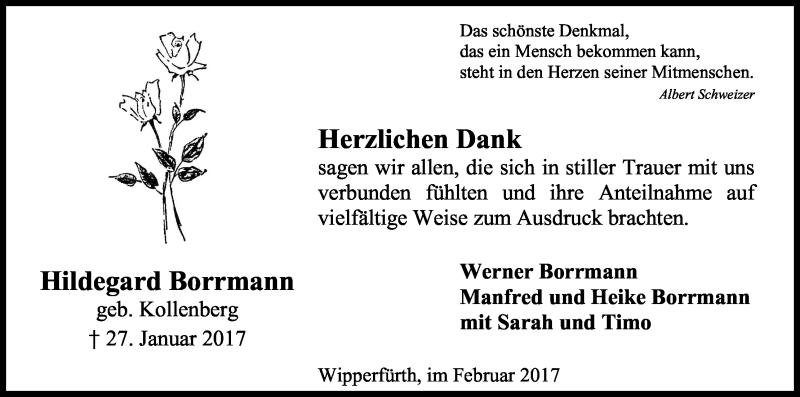  Traueranzeige für Hildegard Borrmann vom 11.02.2017 aus Kölner Stadt-Anzeiger / Kölnische Rundschau / Express