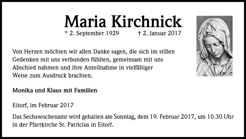  Traueranzeige für Maria Kirchnick vom 04.02.2017 aus Kölner Stadt-Anzeiger / Kölnische Rundschau / Express