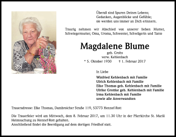 Anzeige von Magdalene Blume von Kölner Stadt-Anzeiger / Kölnische Rundschau / Express