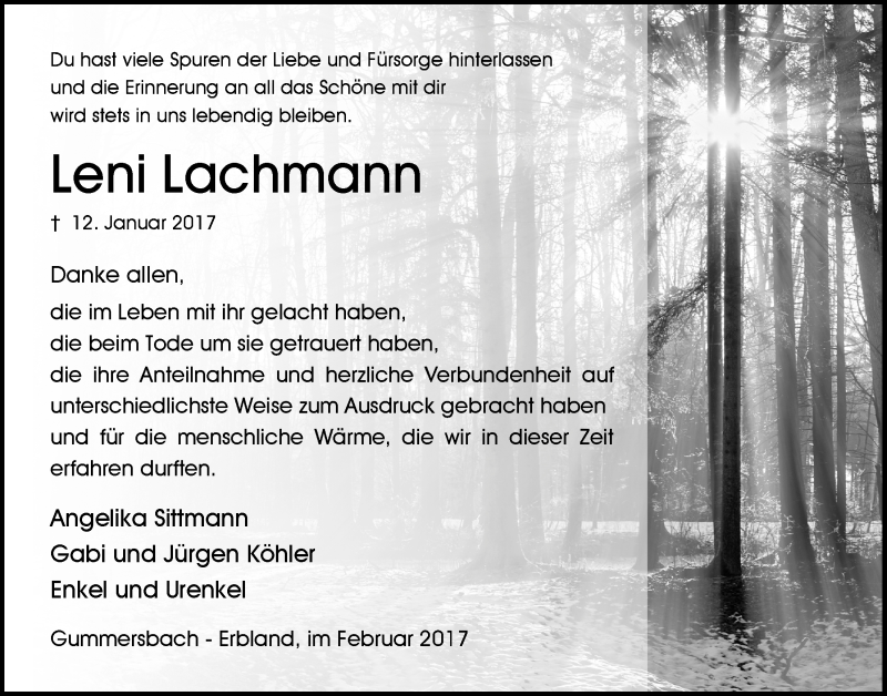  Traueranzeige für Leni Lachmann vom 22.02.2017 aus  Anzeigen Echo 