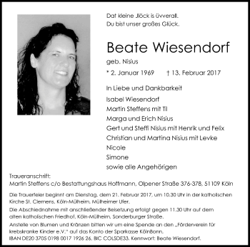 Anzeige von Beate Wiesendorf von Kölner Stadt-Anzeiger / Kölnische Rundschau / Express