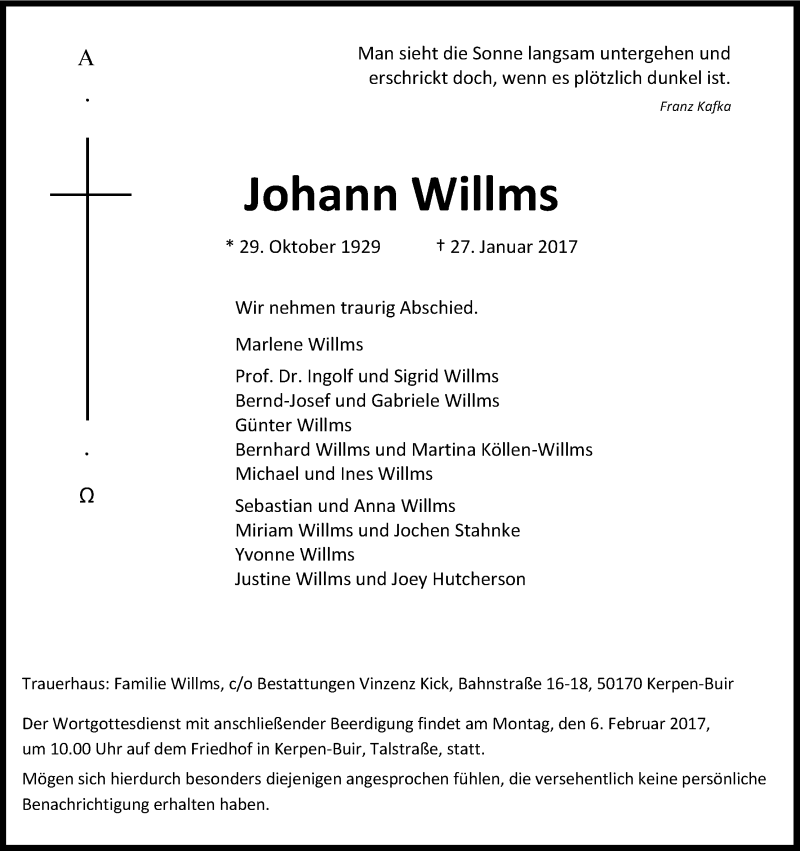  Traueranzeige für Johann Willms vom 02.02.2017 aus Kölner Stadt-Anzeiger / Kölnische Rundschau / Express