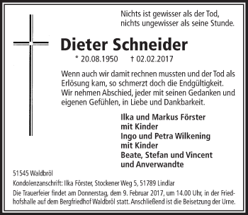 Anzeige von Dieter Schneider von  Lokalanzeiger 