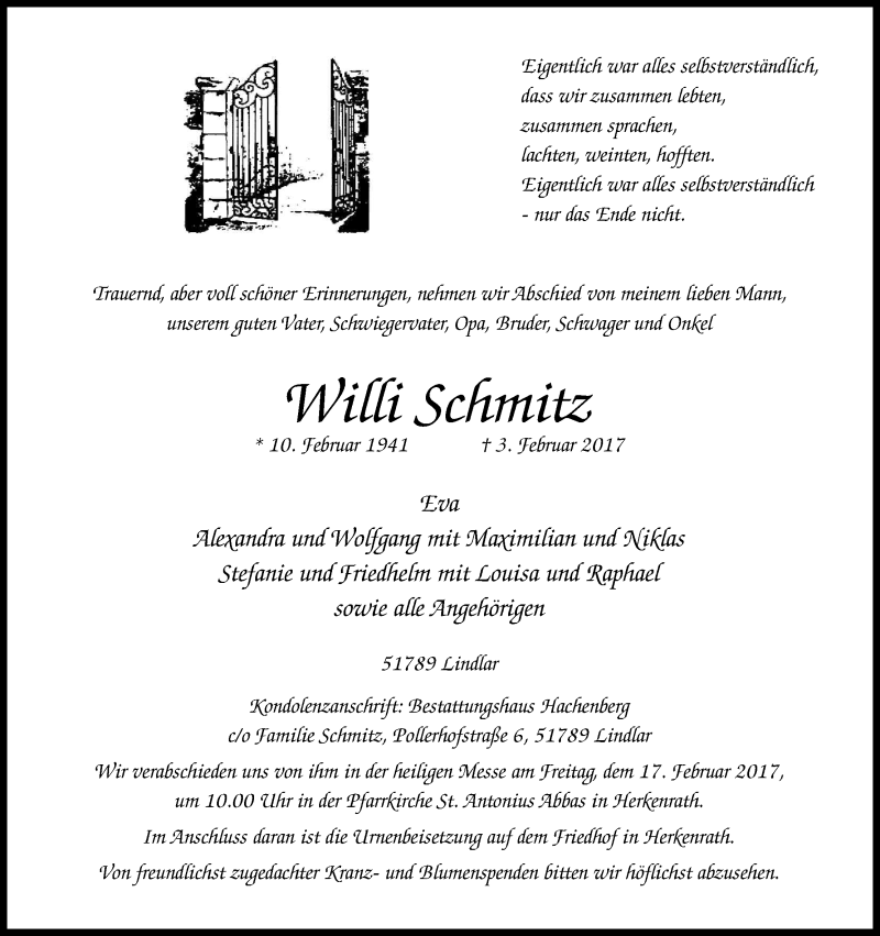  Traueranzeige für Willi Schmitz vom 11.02.2017 aus Kölner Stadt-Anzeiger / Kölnische Rundschau / Express