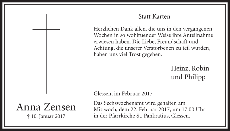  Traueranzeige für Anna Zensen vom 18.02.2017 aus  Sonntags-Post 