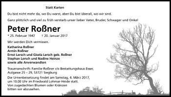 Anzeige von Peter Roßner von Kölner Stadt-Anzeiger / Kölnische Rundschau / Express