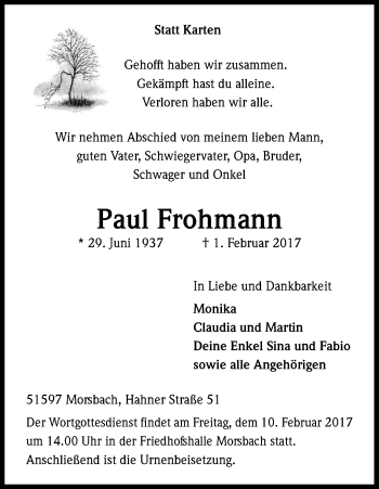 Anzeige von Paul Frohmann von Kölner Stadt-Anzeiger / Kölnische Rundschau / Express