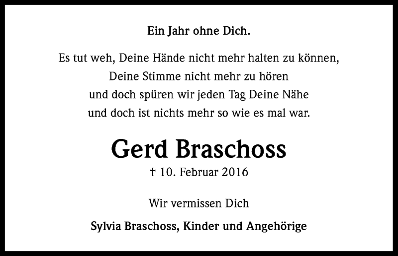  Traueranzeige für Gerd Braschoss vom 10.02.2017 aus Kölner Stadt-Anzeiger / Kölnische Rundschau / Express