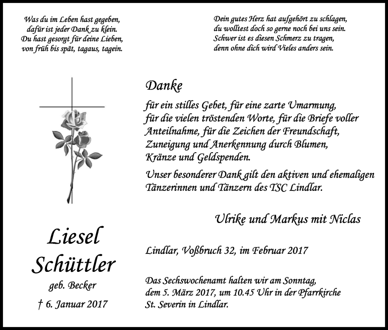  Traueranzeige für Liesel Schüttler vom 18.02.2017 aus Kölner Stadt-Anzeiger / Kölnische Rundschau / Express