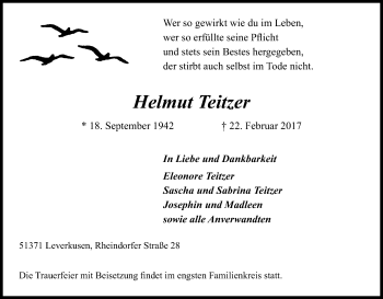 Anzeige von Helmut Teitzer von Kölner Stadt-Anzeiger / Kölnische Rundschau / Express
